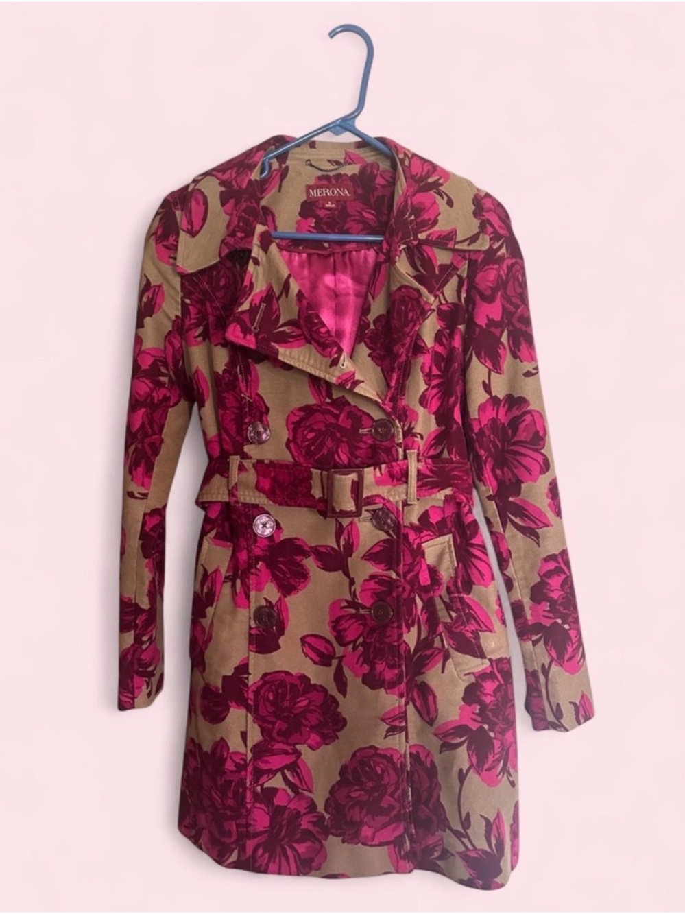 Merona Fuchsia Floral Belted Pea Coat